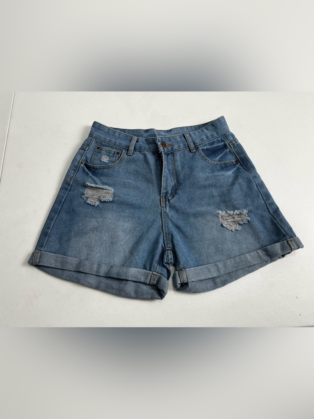 Women's Distressed Rolled-Hem Denim Shorts - Blue